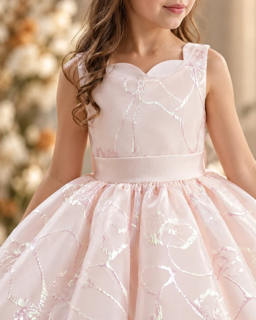 Jacquard organza és szatén részletek egy őszi kislányruhán